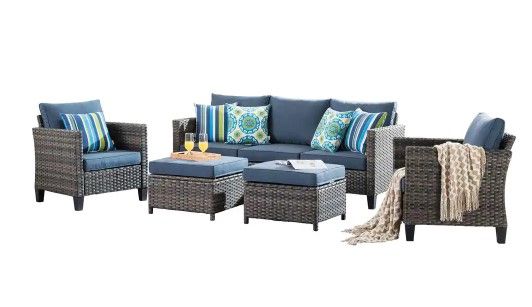 Photo 1 of **BOX 1 OF 2** 5-Piece Wicker Outdoor Patio Conversation Seating Set with Blue Cushions-**INCOMPLETE**
