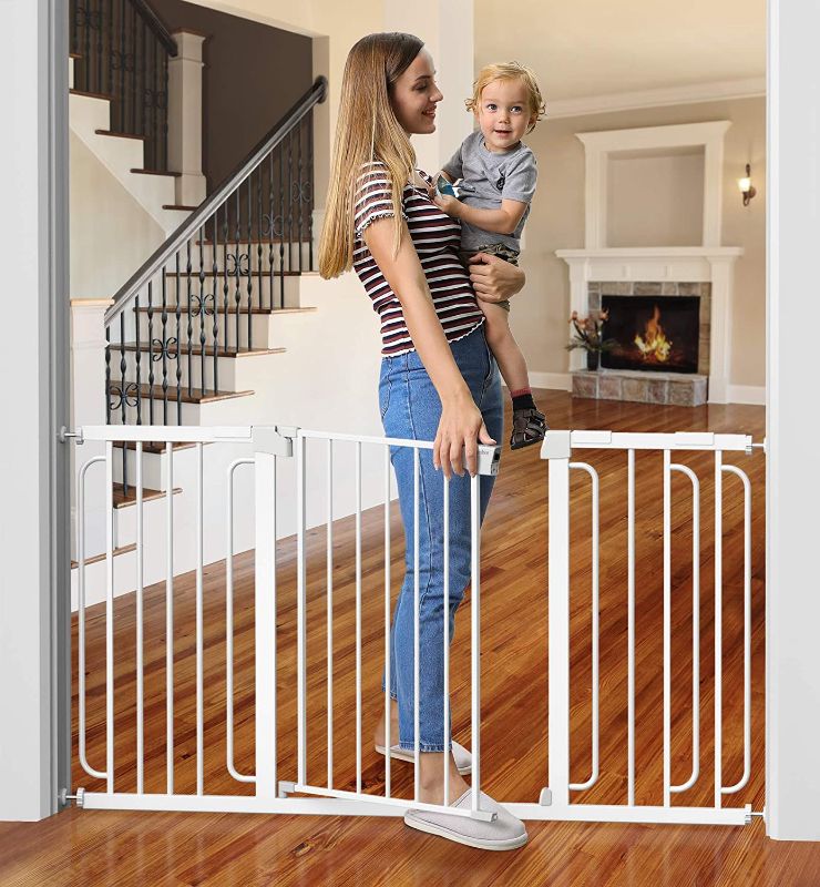 Photo 1 of Cumbor 57" Baby Gate for Stairs, Extra Wide Dog Gate for Doorways, Pressure Mounted Walk Through Safety Child Gate for Kids Toddler, Adjustable Tall Pet Puppy Fence Gate, White
