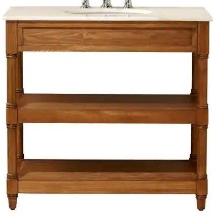 Photo 1 of Home Decorators Collection
Montaigne 37 in. W x 22 in. D Open Bath Vanity Cabinet in Weathered Oak with Marble Vanity Top in White with White Sink