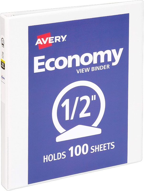 Photo 1 of ***PACK OF 12*** Avery 0.5" Economy View 3 Ring Binder, Round Ring, Holds 8.5" x 11" Paper, 12 White Binders (05706)

