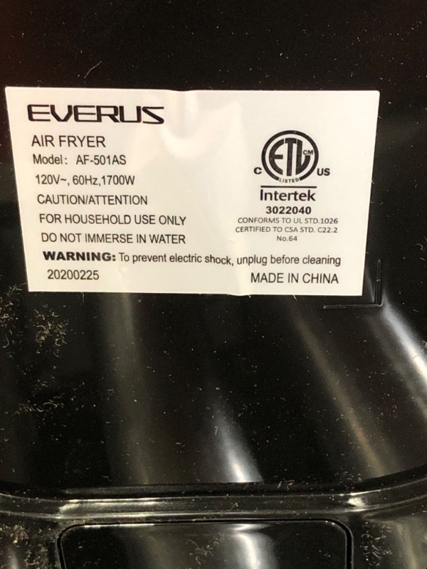 Photo 3 of *NON-FUNCTIONAL* Air Fryer EVERUS 1700-Watts Hot Air Fryer Oven XL 5.8QT, Stainless Steel Electric Air Fryer Oilless Cooker with 8 Presets, Nonstick Square Basket, 100 Free Recipes Book Included
