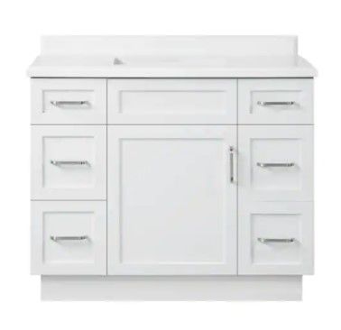Photo 1 of 42 in. W Bath Vanity in White with Engineered Stone Vanity Top in White with White Basin