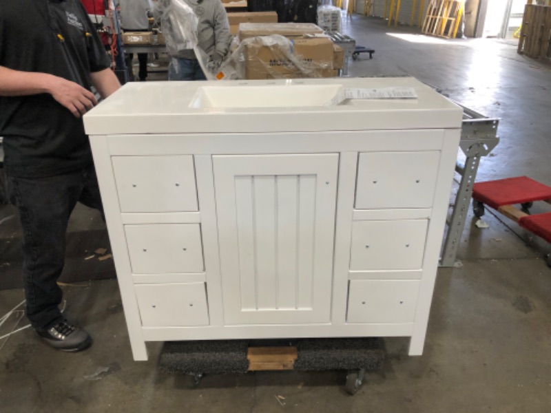 Photo 5 of 42 in. W Bath Vanity in White with Engineered Stone Vanity Top in White with White Basin