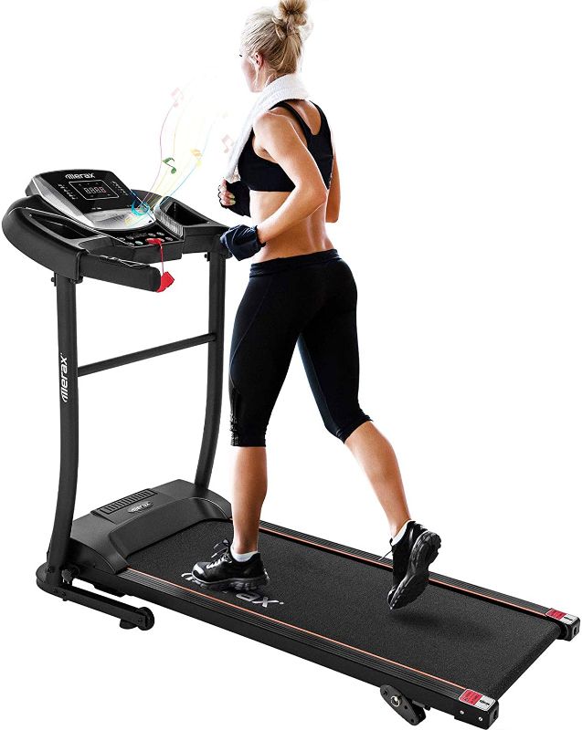 Photo 1 of .Merax Electric Folding Treadmill – Easy Assembly Fitness Motorized Running Jogging Machine with Speakers for Home Use, 12 Preset Programs (Black)
