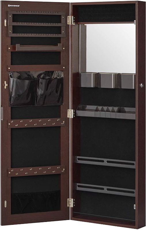 Photo 1 of SONGMICS Lockable Jewelry Cabinet Armoire, Wall-Mounted Storage Organizer with Full-Length Frameless Mirror, 14.8 x 3.8 x 42.5 Inches, Brown
