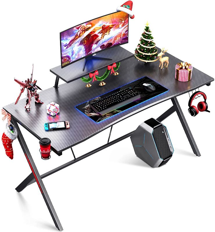 Photo 1 of MISSING HARDWARE***
MOTPK Gaming Desk 55 Inch, Computer Desk with Monitor Shelf, Gaming Table Carbon Fiber Coated, Gift Ideas, Gamer Desk with Cup Holder and Headphone Hook, Black
