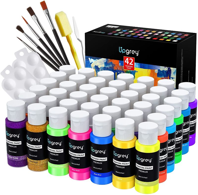 Photo 1 of 42 x 60ML Colors Washable Tempera Paints, Kids Paint Poster Paint Non-Toxic Include 16 Basic, 8 Neon, 8 Metallic, 8 Glitter, 2 Glow with Palettes, Spatula, Sponge and Brushes for Poster Painting Finger Paints
