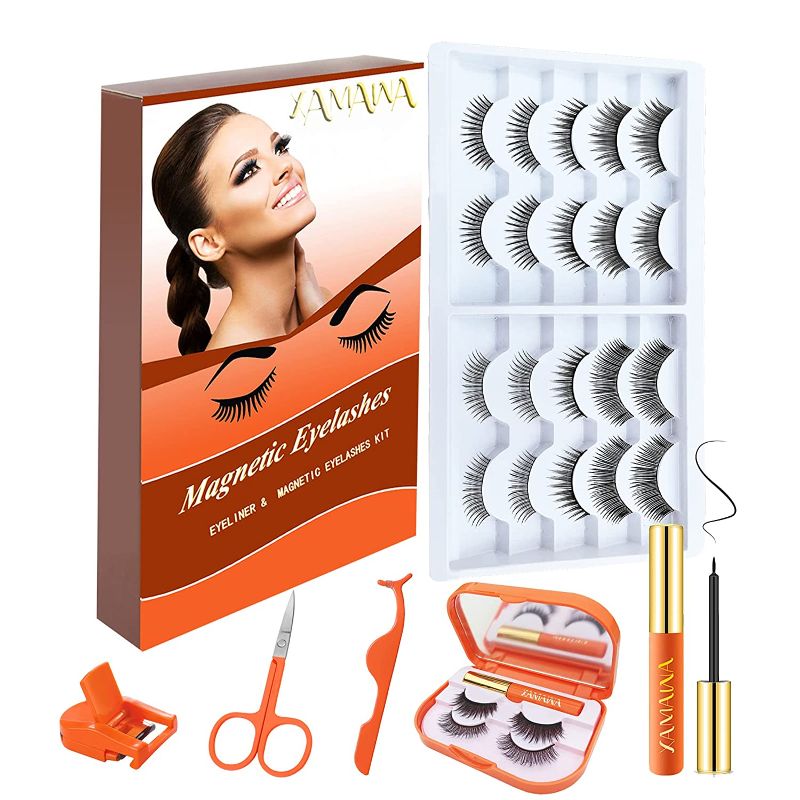 Photo 2 of TWO PACK: XAMAWA 3D 5D Magnetic Eyelashes with Eyeliner Kit 10 Pairs Reusable Magnetic Lashes 2 Pairs Fulffy Magnetic Eyelashes 2 Tubes of Magnetic Eyeliner with Scissors Tweezers & Mirror Case
