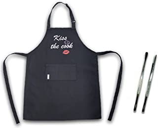 Photo 1 of 3 2pcs; 12-Inch Stainless Steel Kitchen; Extra-Long Tweezers Tongs and a Funny Black Apron with Inscription, Pockets and Adjustable Neck Strap