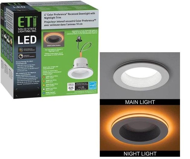 Photo 1 of ETi
4 in. Selectable CCT Integrated LED Recessed Light Trim with Night Light Trim Feature 625 Lumens 10.5-Watt Dimmable