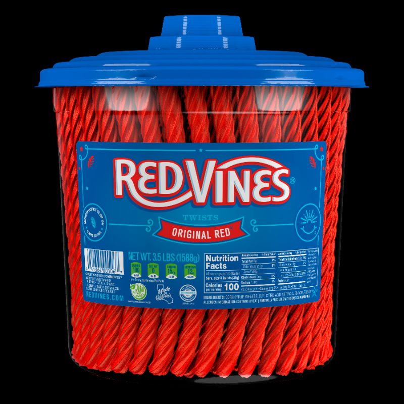 Photo 1 of ***BOX OF 4 CASES***Red Vines Red Licorice Twists, 3.5 Lb Tub **DATE 08-02-2022**
