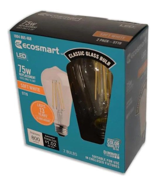 Photo 1 of **SET OF 2**EcoSmart
75-Watt Equivalent ST19 Antique Edison Dimmable CEC Clear Glass Filament Vintage Style LED Light Bulb Daylight (2-Pack)