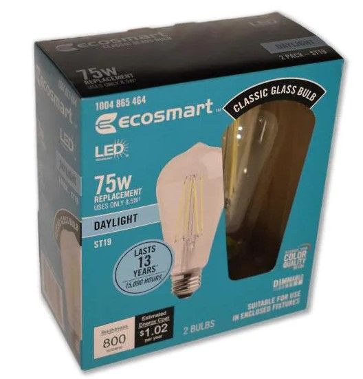 Photo 1 of ***SET OF 2***EcoSmart 75-Watt Equivalent ST19 Antique Edison Dimmable Clear Glass Filament Vintage Style LED Light Bulb Daylight (2-Pack)
