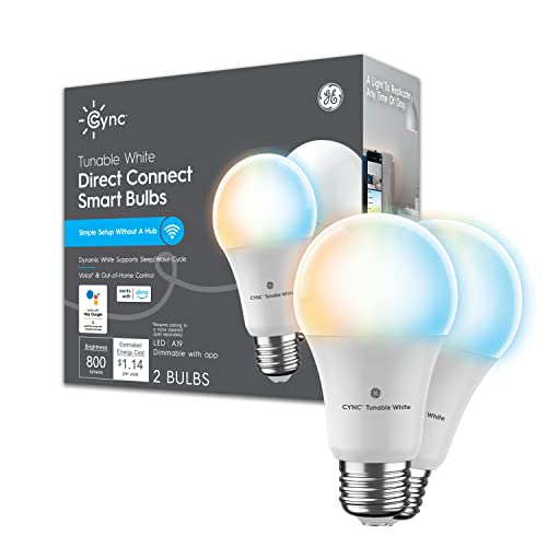 Photo 1 of GE CYNC Smart Light Bulbs with Bluetooth and Wifi, Alexa and Google Home Compatible, Dynamic White Light, Dimmable, A19 Bulb Shape (2 Pack)
