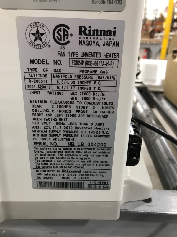Photo 1 of **NOT WORKING** Rinnai FC824P Space Heater with Fan Convector, Propane Gas
