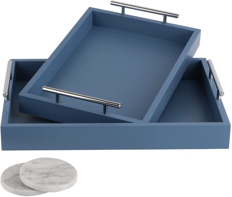 Photo 1 of  Novus Luxe Decorative Trays - Tray Decor Set of 2, Blue Tray | Navy Blue Decor, Decorative Trays for Coffee Table with 2 Marble Coasters, Decorative Serving Tray with Handles | Coffee Table Trays
