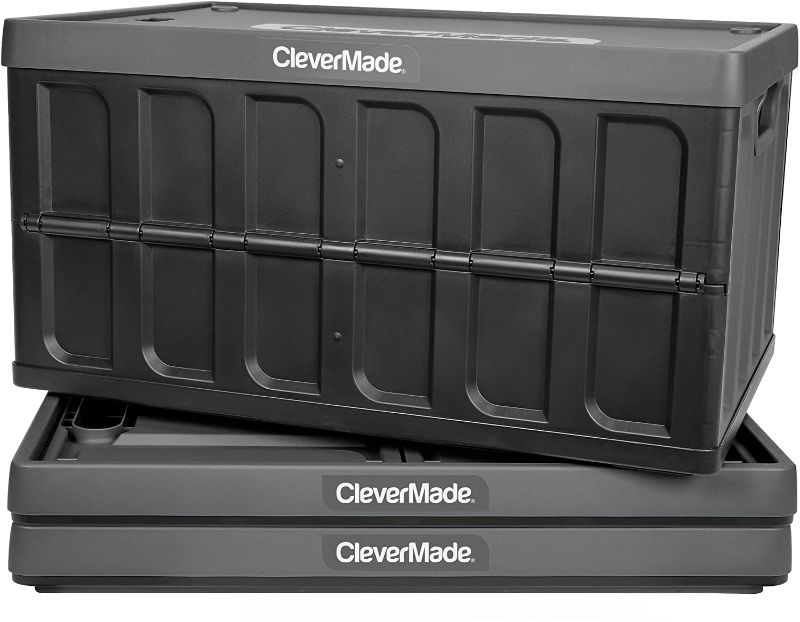 Photo 1 of ***NO LIDS INCLUDED*** CleverMade 62L Collapsible Storage Bins - Folding Plastic Stackable Utility Crates, Solid Wall 3 Pack, Charcoal
