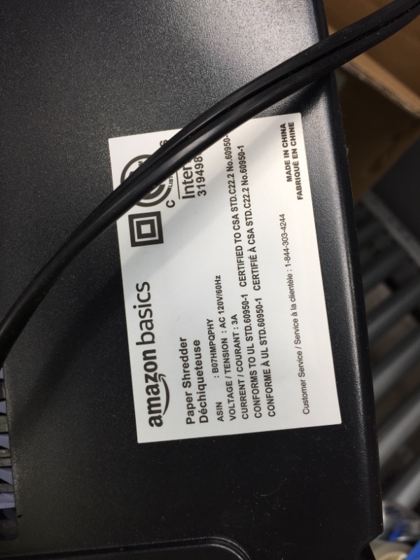 Photo 3 of Amazon Basics 12-Sheet Cross-Cut Paper and Credit Card Home Office Shredder

**item powers on, but is NONFUNCTIONAL**