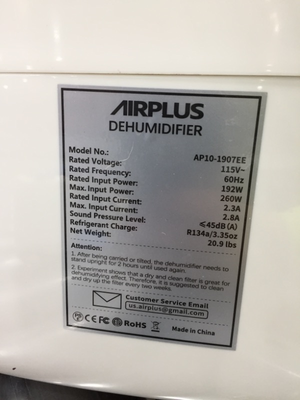 Photo 4 of AIRPLUS 30 Pints Dehumidifier for Medium Spaces and Basements

tested, powers on