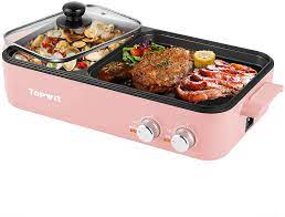 Photo 1 of opwit Electric Grill with Hot Pot, 2 in 1 Indoor Non-Stick Electric Hot Pot and Griddle for Korean BBQ, Steaks, Shabu Shabu and Noodles, Independent Dual Temperature Control, Fast Heating, pink