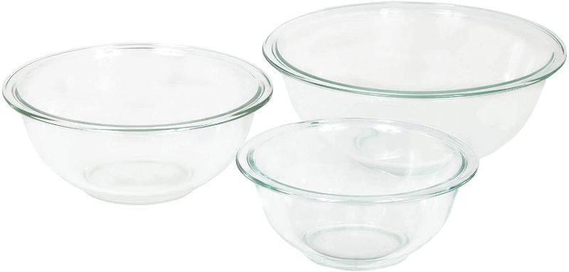 Photo 1 of (MISSING BOWL) Pyrex Tempered Glass Mixing Bowls | 3 Piece Set | 1-Quart, 1.5-Quart, and 2.5 Quart Mixing Bowls for Kitchen, Baking, and Storage | Microwave, Freezer, and Dishwasher Safe | Proudly Made in the USA
