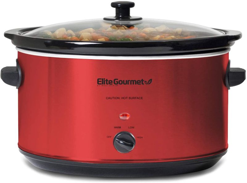 Photo 1 of Elite Gourmet MST-900RXT Electric Ceramic XL Jumbo Slow Cooker Adjustable Temp, Entrees, Sauces, Stews & Dips, Dishwasher Safe Glass Lid & Crock, 8.5 Quart, Red
