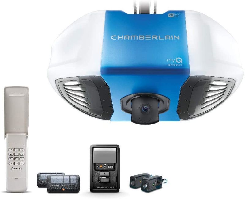 Photo 1 of Chamberlain B4545T Smart Garage Door Opener w/Built in HD Camera, Two way audio - myQ Smartphone Control- Ultra Quiet, Strong Belt Drive and MED Lifting Power, Wireless Keypad Incl, Blue
