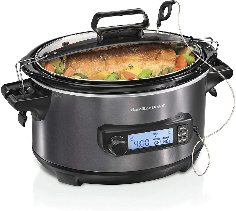 Photo 1 of Hamilton Beach 33866 Portable 6-Quart Set & Forget Digital Programmable Slow Cooker with Lid Lock, Temp Tracking Temperature Probe, Black Stainless
