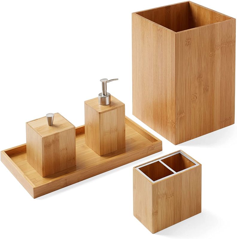 Photo 1 of (MISSING TRAY) Casafield 5-Piece Bamboo Bathroom Accessories Set - Includes Soap Dispenser, Cotton Swab Box, Toothbrush Holder, Tray & Waste Basket
