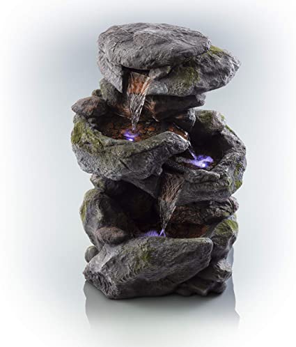 Photo 1 of Alpine Corporation WIN582 Tall Outdoor 3-Tier Rock Waterfall Fountain with LED Lights, 15"L x 13"W x 22"H, Gray/Beige
