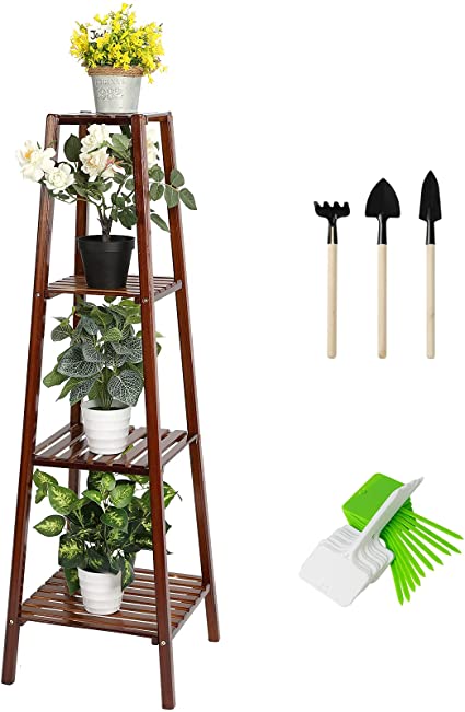 Photo 1 of SHALLWE Bamboo 4 Tier Plant Stand Rack Tall Plant Bench Multiple Flower Pot Organizer Storage Holder Folding Corner Small Space Planter Display Shelf for Indoor Outdoor
