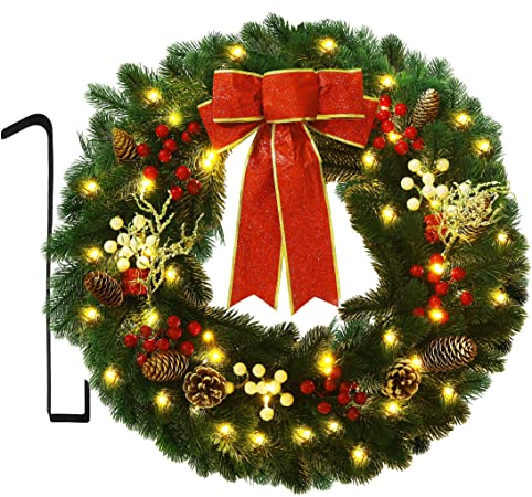 Photo 1 of ATDAWN 24 Inch Christmas Wreath, Outdoor Lighted Christmas Wreath for Front Door, Xmas Wreath for Holiday Christmas Party Decorations
