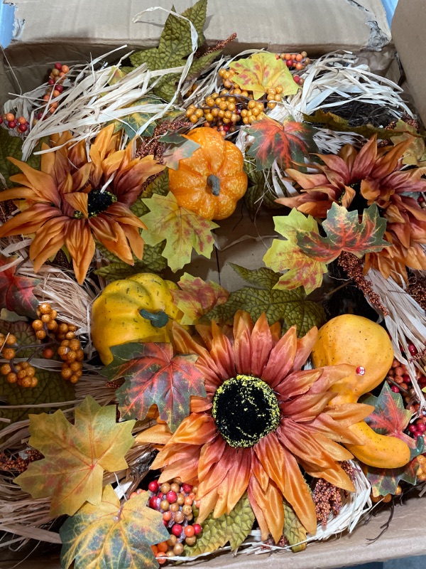 Photo 1 of Artificial Fall Wreath,20” Autumn Front Door Wreath with Maple Leaves and Pumpkins,Fall Sunflower Wreath for Home Farmhouse Wall Window and Thanksgiving Day