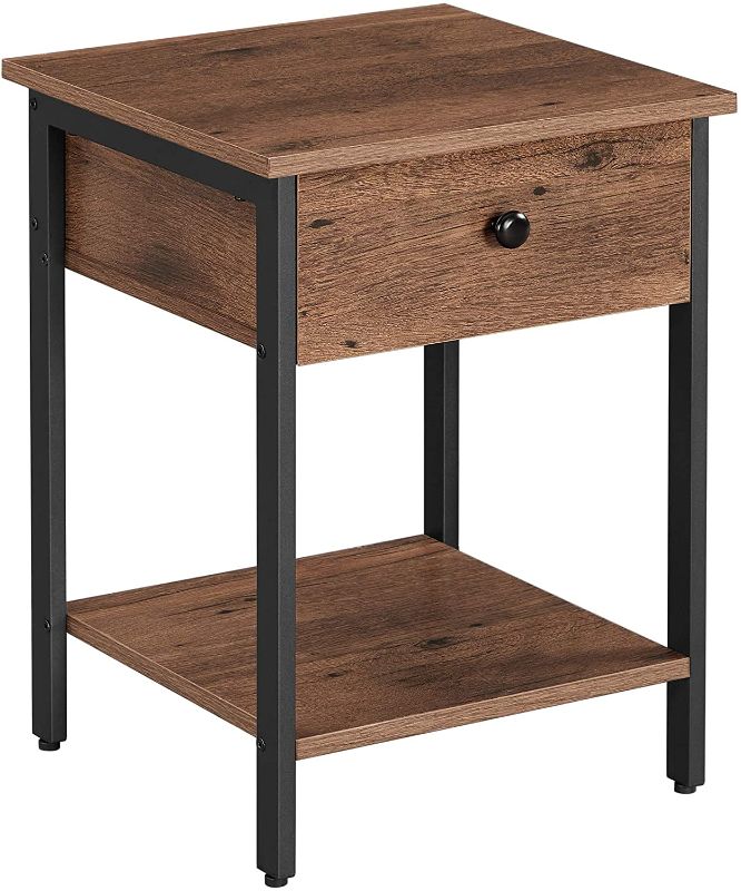 Photo 1 of VASAGLE Nightstand, End Table, Side Table with Drawer and Shelf, Bedroom, Easy Assembly, Steel, Industrial Design, Hazelnut Brown and Black ULET055B03
