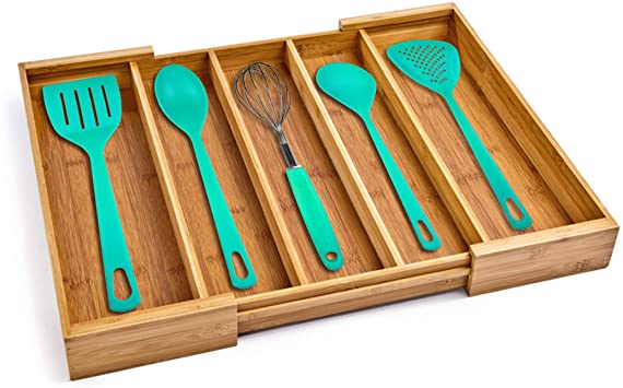 Photo 1 of Seville Classics Bamboo Eco-Conscious Organizer Tray Kitchen Home Office Pantry Junk Drawer Utensils, Flatware, Silverware, Cutlery, Pens, Expandable 5 Compartment
