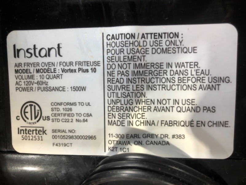 Photo 3 of (Major Use) Instant Vortex Plus 10 Quart Air Fryer, Rotisserie and Convection Oven, Air Fry, Roast, Bake, Dehydrate and Warm, 1500W, Stainless Steel and Black
