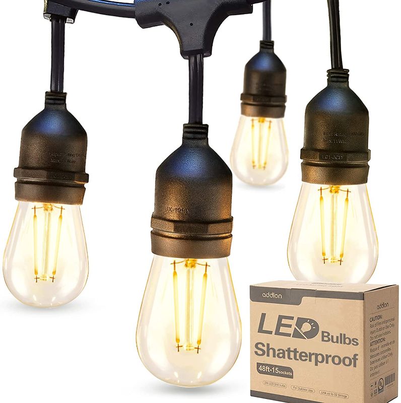 Photo 1 of addlon LED Outdoor String Lights 48FT with 2W Dimmable Edison Vintage Shatterproof Bulbs and Commercial Grade Weatherproof Strand - UL Listed Heavy-Duty Decorative Cafe, Patio, Market Light
