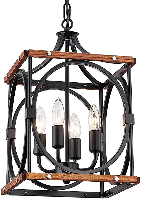 Photo 1 of Nomita 4-Light Farmhouse Chandelier Ceiling Light Fixture, Adjustable Rustic Industrial Wood and Metal Lantern Pendant Lighting for Kitchen Island Dining Room Entryway, Black
