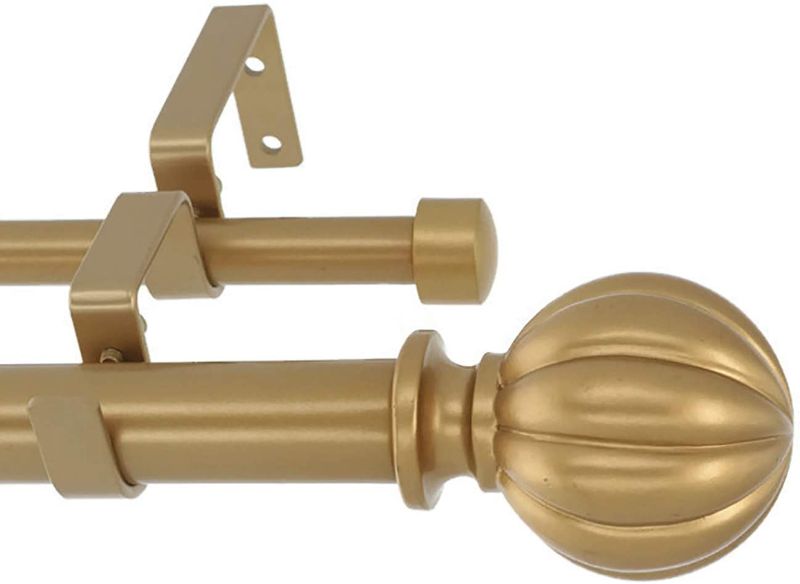 Photo 1 of MERIVILLE 1-Inch Diameter Double Window Treatment Curtain Rod, Fluted Ball Finial, 48" Adjustable, Royal Gold
