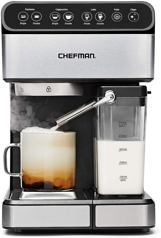 Photo 1 of Chefman 6-in-1 Espresso Machine,Powerful 15-Bar Pump,Brew Single or Double Shot, Built-In Milk Froth for Cappuccino & Latte Coffee, XL 1.8 Liter Water Reservoir, Dishwasher-Safe Parts, Stainless Steel