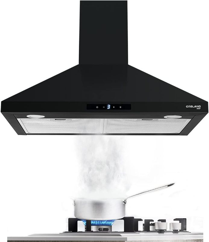 Photo 1 of 30" Black Range Hood, GASLAND Chef PR30BS Anti-fingerprint Black Wall Mount Range Hood, 3 Speed 350 CFM Ducted Exhaust Hood Fan, Sensor Touch Control, Dual LED Lights, Aluminum Mesh Filter
