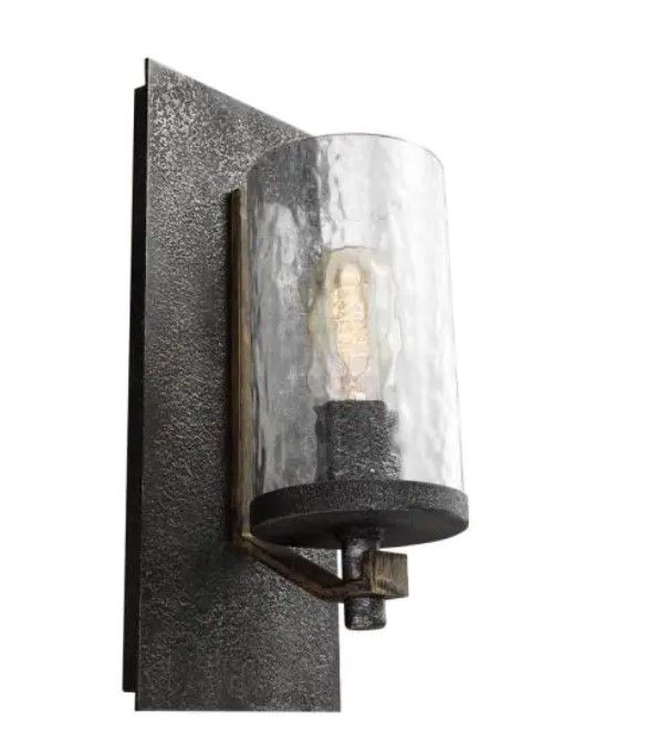 Photo 1 of Angelo 5.5 in. W. 1-Light Distressed Weathered Oak and Slated Grey Metal Wall Sconce with Clear Thick Wavy Glass
