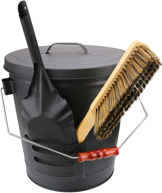 Photo 2 of Uniflasy Ash Bucket with Lid, Shovel and Hand Broom, 5.2 Gallon Metal Coal Ash Bucket for Fireplace, Fire Pits, Wood Burning Stove, Ash Can with Lid Fireplace Wood Stove Ash Fireplace Cleaning Tools
