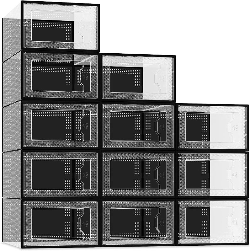 Photo 1 of 12 Pack Shoe Storage Box, Clear Plastic Stackable Shoe Organizer for Closet, Space Saving Foldable Shoe Sneaker Containers Bins Holders (Black) 13.1 x 9 x 5.5 inches

