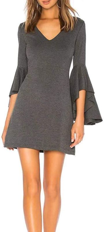 Photo 3 of JLCNCUE Women's Casual V Neck Dress Flounce Bell Sleeve Shift Dress Mini Dress 71716 (M, Grey)
