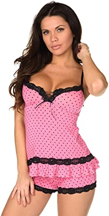 Photo 1 of Velvet Kitten Sexy Hot Pink Lacey Date Night Short Set Polka Dot Cami Set Women's Pajama Set
large