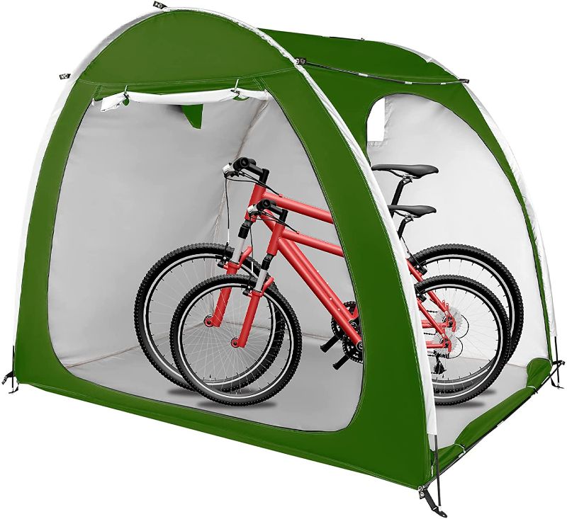 Photo 1 of Bike Tent 4 Bikes Weatherproof Bike Storage-Double-Sided Opening Large Bicycle Tent,210D Coated Silver Waterproof Anti-Dust Portable Foldable Outdoor Tools Storage Shed(Green)