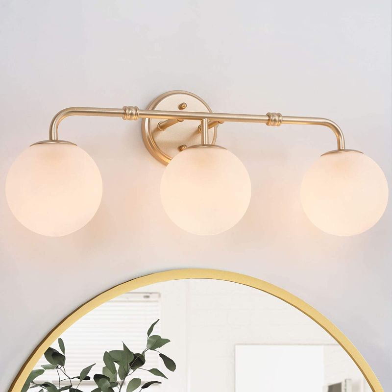 Photo 1 of *INCOMPLETE* NO GLASS GLOBES Bathroom Light Fixtures, 24.5''L Large Gold Bathroom Light Fixtures, 3-Light Gold Vanity Light for Bathroom with White Frosted Glass Globe
