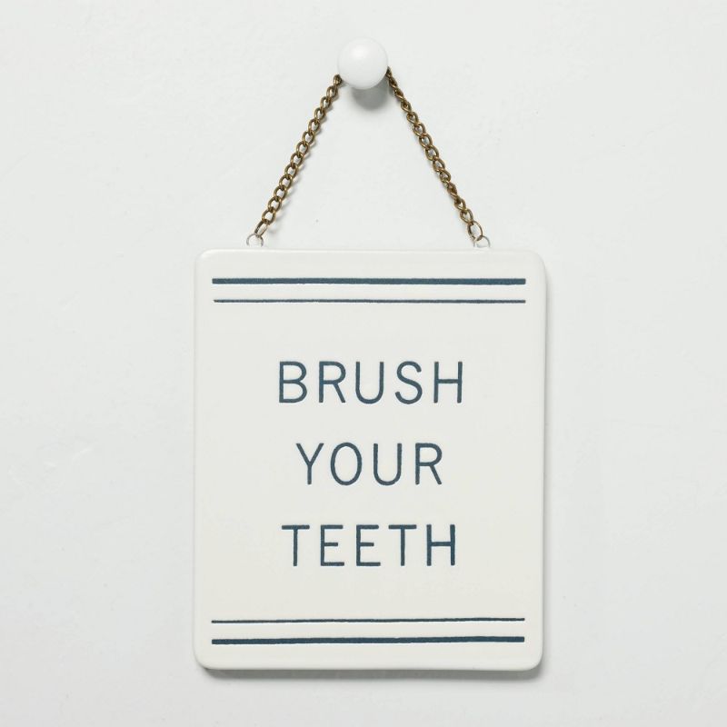 Photo 1 of 'Brush Your Teeth' Stoneware Wall Sign Blue/Cream - Hearth & Hand™ with Magnolia
