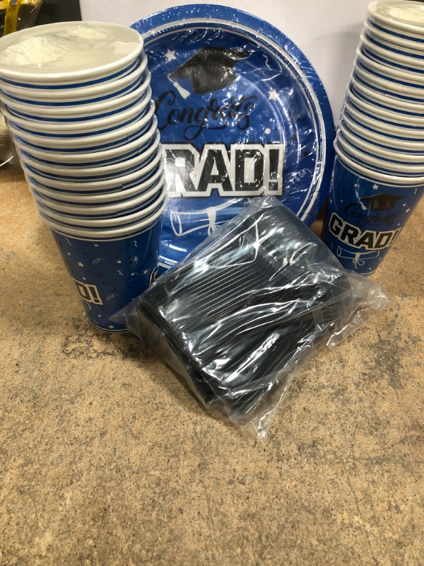 Photo 2 of  Graduation Party Decorations, Graduation Party Supplies Serves 24 Blue Disposable Paper Plates 24 plastic cups for College High School Graduation Decorations
